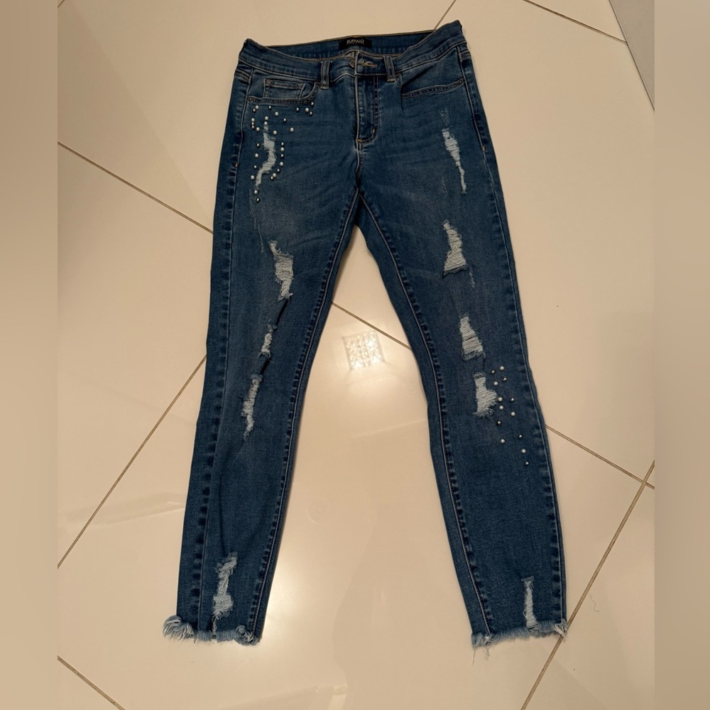 Buffalo Women's Blue Distressed Jeans with Pearl Accents - Size 28